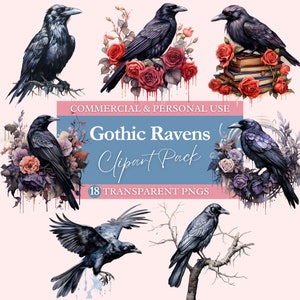 Gothic Ravens Clipart Bundle | Transparent PNG | Commercial Use Clip Art | Watercolor | Digital Image Downloads | Dark Fantasy