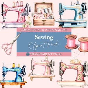 Sewing Clipart | Machines, Thread, Buttons, Scissors | Transparent PNG | Commercial Use Clip Art | Watercolor | Digital Image Downloads