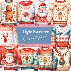 Ugly Christmas Sweater Clipart Bundle | Transparent PNG | Commercial Use Clip Art | Watercolor | Digital Image Downloads