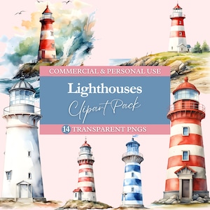 Lighthouse Clipart, Transparent PNG | Commercial Use Clip Art | Watercolor | Digital Image Downloads | Watercolor Nautical Ocean Lighthouses