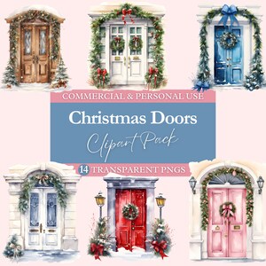 Christmas Doors Clipart Bundle | Transparent PNG | Commercial Use Clip Art | Watercolor | Digital Image Downloads | Christmas Doors Scenes