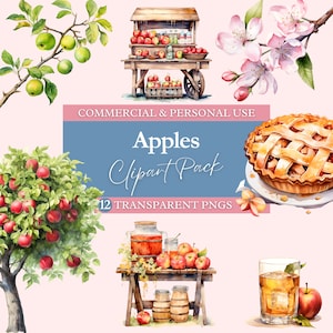 12 Watercolor Apples Clipart | Transparent PNG | Commercial Use Clip Art | Watercolor | Digital Image Downloads | Apple Clipart