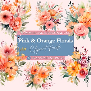Pink & Orange Floral Clipart Bundle | Transparent PNG | Commercial Use Clip Art | Digital Image Downloads