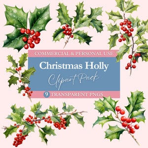 Christmas Holly Clipart Bundle | Transparent PNG | Commercial Use Clip Art | Watercolor | Digital Image Downloads | Winter Berries, Greenery