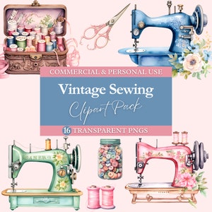 Vintage Sewing Clipart, Machines, Thread, Buttons, Scissors, Transparent PNG, Commercial Use Clip Art | Watercolor | Digital Image Downloads