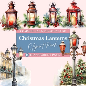 Christmas Lanterns Clipart Bundle | Transparent PNG | Commercial Use Clip Art | Watercolor | Digital Image Downloads | Lamp Post