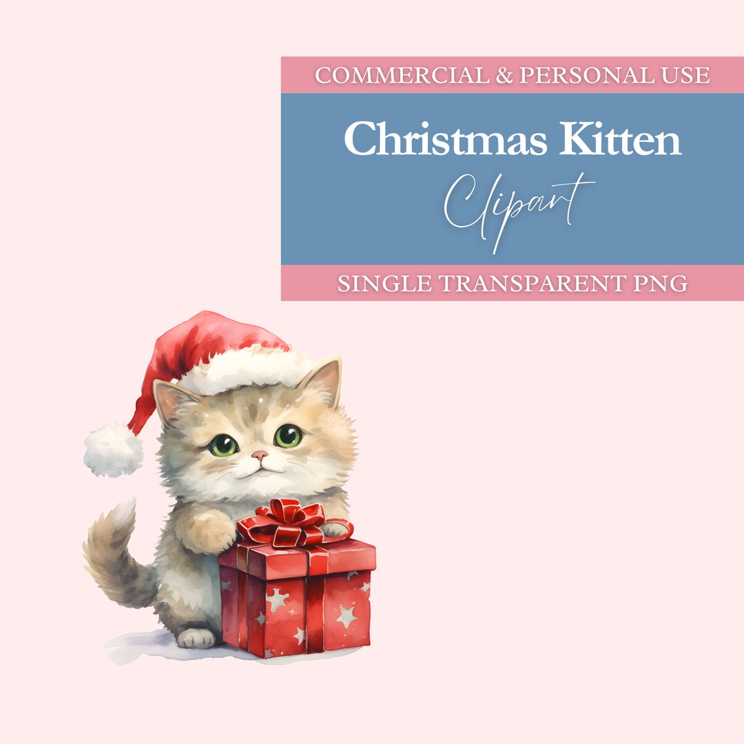 Christmas Kitten Watercolor Clipart | Holiday Cat With Gift (PNG ...