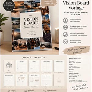 Könnte beinhalten: Eine digitale Vision Board Vorlage mit einer Collage aus Reise- und Lifestyle-Bildern sowie dem Text My Vision Board, Dream Plan Do, Big Dreams Clear Goals A Better Me. Enthält zehn Seiten für Ziele, Finanzen und Affirmationen.