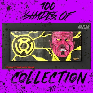 Op de afbeelding: Ingelijste illustratie uit de "100 Shades of Collection" serie, met een stripfiguur met een geel embleem en een rood gezicht. Het kunstwerk is genummerd 55/100 en bevat de tekst "America".