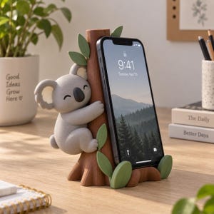 May include: A brown tree-shaped smartphone stand featuring a light grey koala figure hugging the trunk. The stand includes small green leaves attached to the tree and base, designed to hold a black smartphone upright in a vertical position.