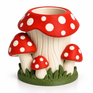 May include: A ceramic desk organizer shaped like a cluster of mushrooms. The central large mushroom has a hollow top for storage, while two smaller mushrooms flank the sides. All caps are bright red with white spots, and the stems are cream-colored.