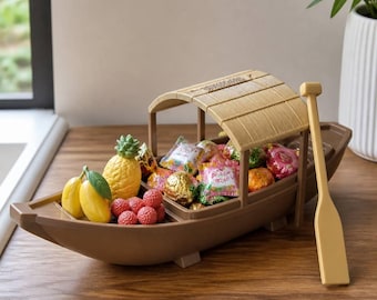 Thai Floating Market Boat Sugar Bowl, Tropical Fruit Cargo Tabletop Container, Unique 3D Printed Coffee Station Accent
