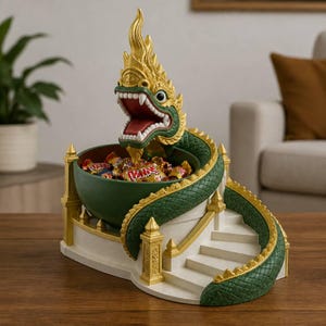May include: A decorative bowl featuring a green and gold serpent with an open mouth, coiled around a central basin. The structure includes a white staircase base with gold accents, containing various small wrapped candies inside the bowl.