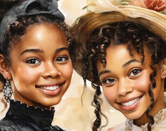 Enchanting Victorians Printable Wall Art, Black Victorian Girls Art, Vintage Style Portrait, African American Girls Decor, Watercolor Style