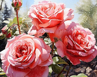 Afdrukbare kunst - bloesems in roze - roze rozenbloesems in een veld op een zonnige dag - bloemsierkunst - aquarelkunst
