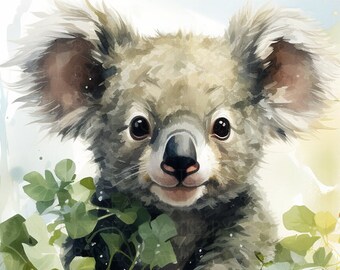 Leafy Hideaway Printable Wall Art, Koala Bear Print, Nursery Animal Decor, Watercolor Wildlife Art