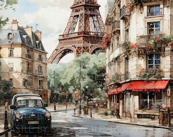 May include: A watercolor painting of a Parisian street scene with the Eiffel Tower in the background. The street is lined with buildings and there is a blue car parked in the foreground. The sky is blue with white clouds.