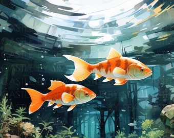 Printable Art - Underwater Ballet - Goldfish Swimming At the Bottom Of A Clear Blue Lake - Aquatic Art - Watercolor Art