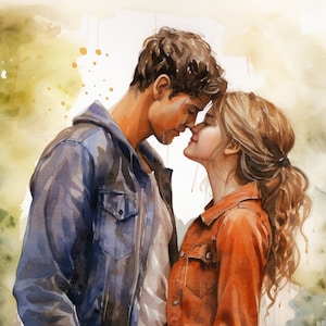 Printable Art - Adolescent Affection - Teenage Boy And Girl Sharing A Sweet Moment - Young Adults - Watercolor Art