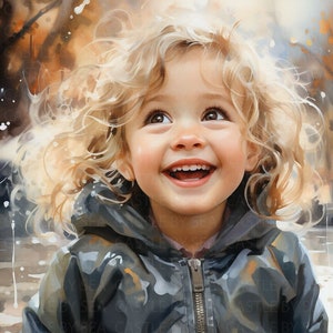 Printable Art - Rainy Day Delight - A Blond Toddler In A Coat Enjoying Daytime Drizzle - Children Art - Watercolor Art