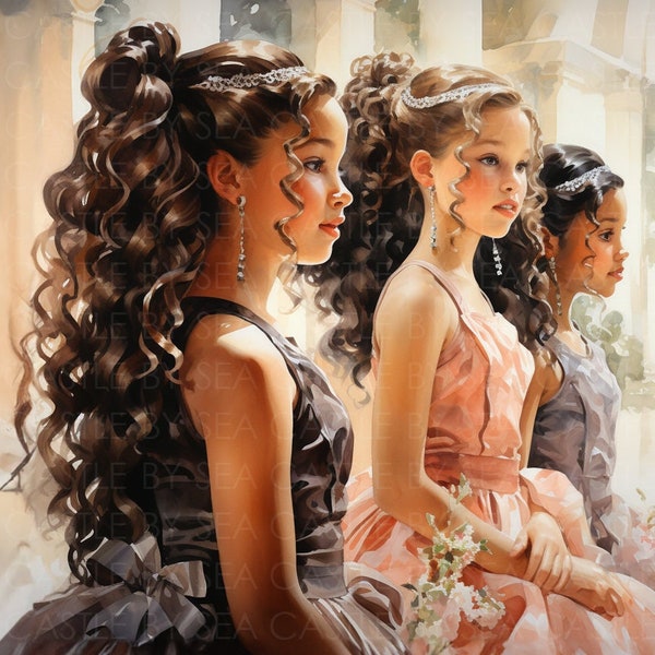 Digital Art - Princesses in Bloom - Little Girls In A Beauty Pageant - Children Art - Watercolor Art