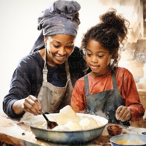 Arte stampabile - Legami culinari - Una madre nera e una figlia che cucinano in cucina - Arte nera - Arte acquerello