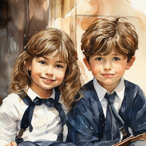 May include: A watercolor painting of a young girl and boy wearing school uniforms. The girl is wearing a white shirt with a black bow tie and a blue skirt. The boy is wearing a blue sweater with a white shirt and a black tie. They are both smiling and looking at the camera.