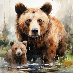 Druckbare Kunst - Bären am Bach - Ein Bär mit seinem Bärenjunges am Bach - Aquarell Kunst - Tierkunst