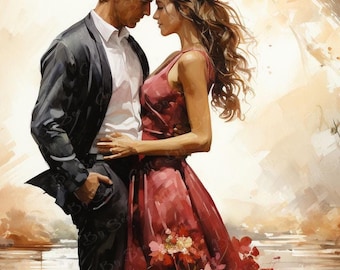 Arte digital - Unión junto al mar - Un hombre y una mujer de pie juntos junto al mar - Arte de pareja - Arte de acuarela
