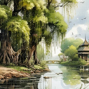 Printable Art - Willow&#39;s Reflection - Weeping Willow Tree Reflected On A River Bank - Landscape Art - Watercolor Art