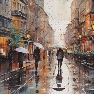 Arte imprimible - Paraguas en la niebla - Un paisaje urbano lluvioso con gente caminando bajo paraguas - Arte del paisaje - Arte de la acuarela