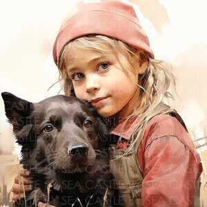 Digital Art - Rustic Pals - Blonde Girl On A Farm Hugging Her Black Dog - Children Art - Watercolor Art