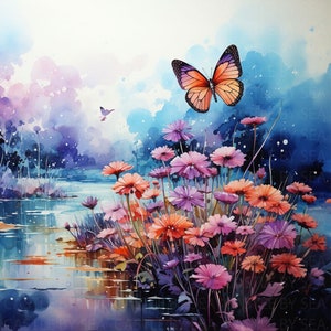 May include: Watercolor painting of a butterfly flying over a pond with pink and orange flowers. The background is a soft blue and purple watercolor wash.