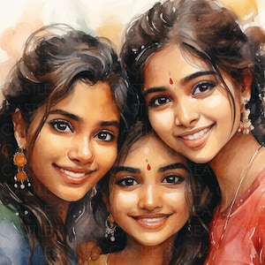 Printable Art - Selfie Trio - Three Indian Teenage Girls Pose For A Beautiful Selfie - Indian Art - Watercolor Art