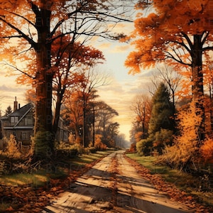 Printable Art - The Golden Path - Fall Foliage Embracing A Dirt Road - Nature Art - Watercolor Art