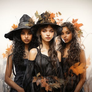 Printable Art - Witches of the World Unite - Three Witches From Different Worlds Coming Together As One - Watercolor Art - Wiccan Art