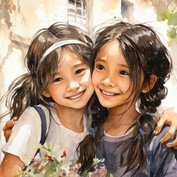 Printable Art - Blossoming Bonds - Two Asian Girls Share A Hug And Smiles - Children Art - Watercolor Art