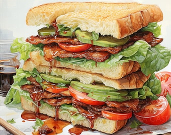 Printable Art - BLT Delight - Bacon, Lettuce and Tomato Sandwich With All The Fixings - Watercolor Art - Food Art