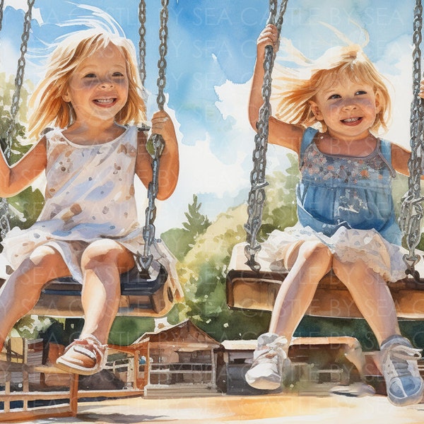 Printable Art - Sunlit Swing - Two Blonde Toddler Girls On Park Swings - Watercolor Art - Children Art