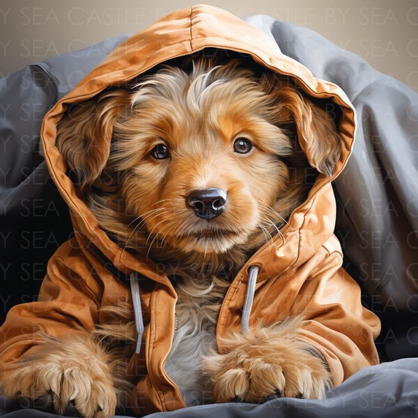 Digital Art - Cozy Canine - An Adorable Puppy In An Orange Hoodie - Watercolor Art - Animal Art