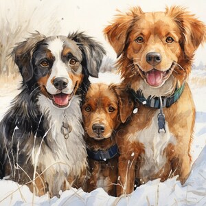 Printable Art - Winter Woofscape - Three Dogs Posing For A Snapshot In A Snowy Field - Animal Art - Watercolor Art