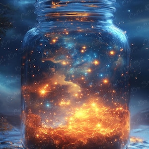 Op de afbeelding: Een heldere glazen pot gevuld met een levendige weergave van een melkwegstelsel. De binnenkant gloeit met vurige oranje en gele tinten aan de basis, die overgaan in blauw en fonkelende sterren naar de top. De pot staat tegen een donkerblauwe achtergrond.