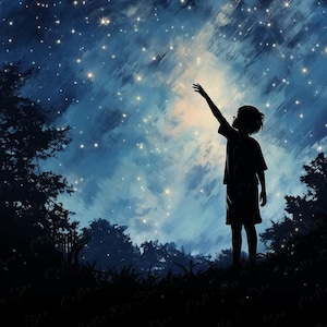 Digital Art - Starlit Reach - Silhouette Of A Boy Reaching Up To A Starlit Sky - Children Art - Watercolor Art