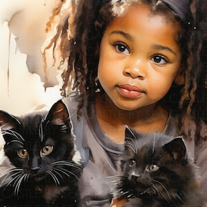 Printable Art - Little Cat Mama - Black Toddler Girl With Two Black Kittens - Watercolor Art - Black Art