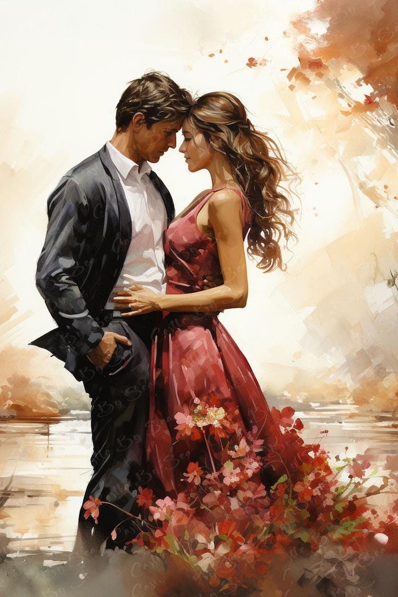May include: A painting of a couple standing close together. The man is wearing a dark suit and the woman is wearing a red dress. They are surrounded by red flowers.