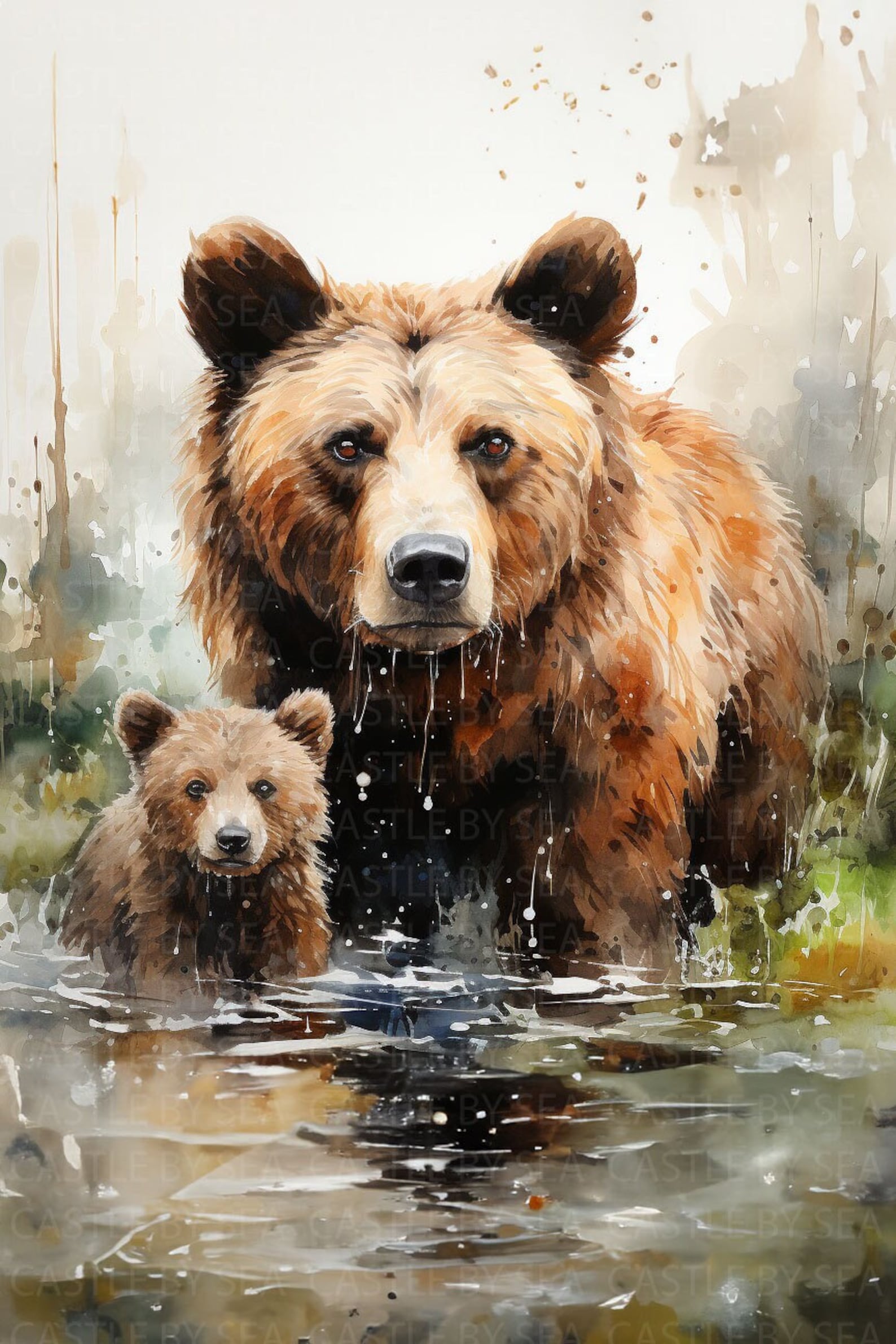 Printable Art - Bears at the Brook - A Bear With Its Bear Cub by A ...