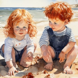 Printable Art - Beachside Fun - Two Redheaded Toddlers Playing With Sand On The Beach - Watercolor Art - Children&#39;s Art
