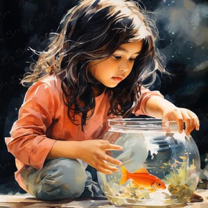May include: A watercolor painting depicts a young person gazing at a goldfish in a glass bowl. The goldfish is orange, and the bowl contains aquatic plants. The person is wearing a peach-colored long-sleeved shirt and blue pants.