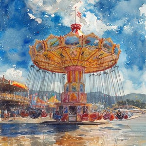 May include: Watercolor painting of a carnival swing ride with red, orange, and yellow accents. The ride is set against a blue sky with fluffy clouds. The scene includes other carnival rides and a body of water.