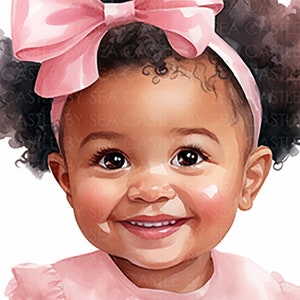 Printable Art - Bows and Baby Curls - Black Girl Magic Captured In Watercolor - Infant Baby Girl In Pink - Black Art